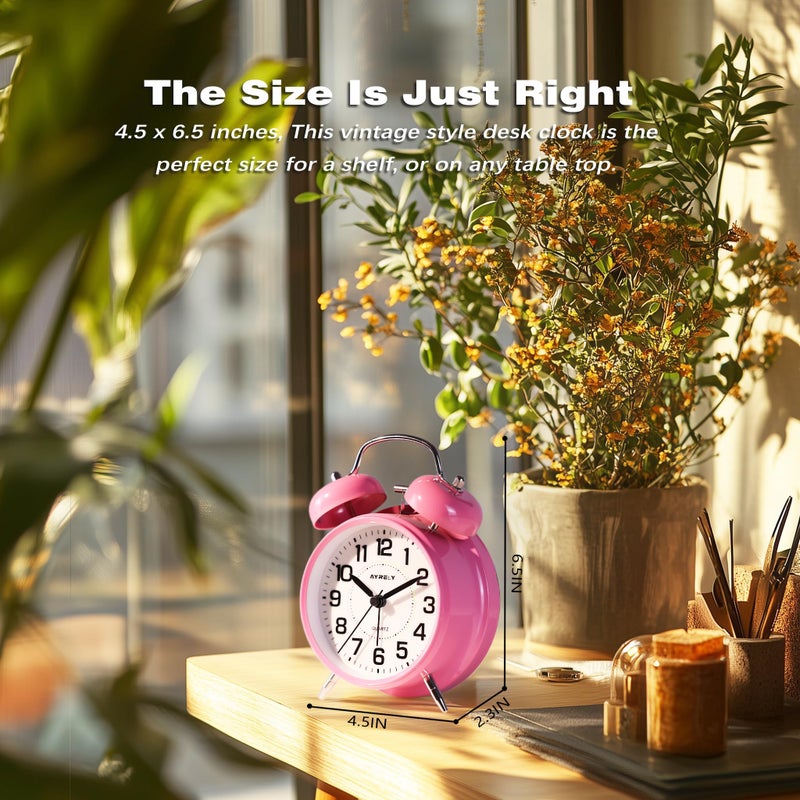 AYRELYÂ® Super Loud Twin Bell Alarm Clock for Heavy Sleepers, 4-Inch Silent Non-Ticking Quartz with Backlight, Metal Cute Clock for Kids' Rooms (Pink) - Image 3