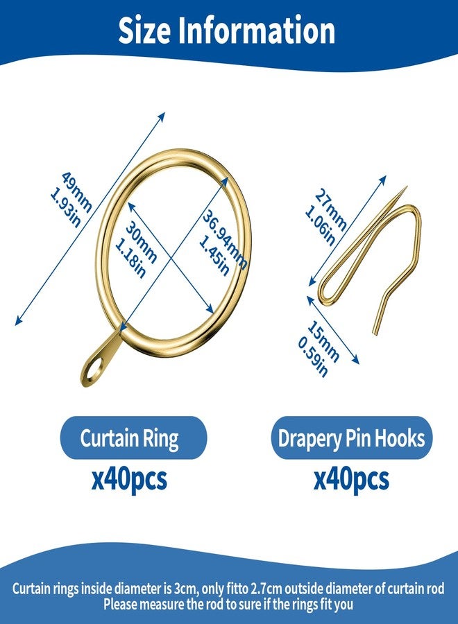 Waltool 80Pcs Stainless Steel Drapery Hanging Rings with Eyelets, Curtain Pin-on Hooks Pins for Window Door Shower Bathroom Rings-30 mm-1.18" Internal Diameter (Gold) - Image 2
