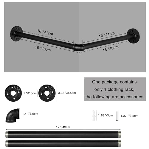 AddGrace Industrial Pipe Garment Rack Iron Wall Mounted Right Angle Corner Clothing Rack with Screws DIY Home Storage Display (Black) 18.1" - Image 2