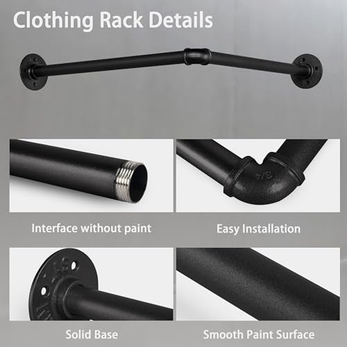 AddGrace Industrial Pipe Garment Rack Iron Wall Mounted Right Angle Corner Clothing Rack with Screws DIY Home Storage Display (Black) 18.1" - Image 3