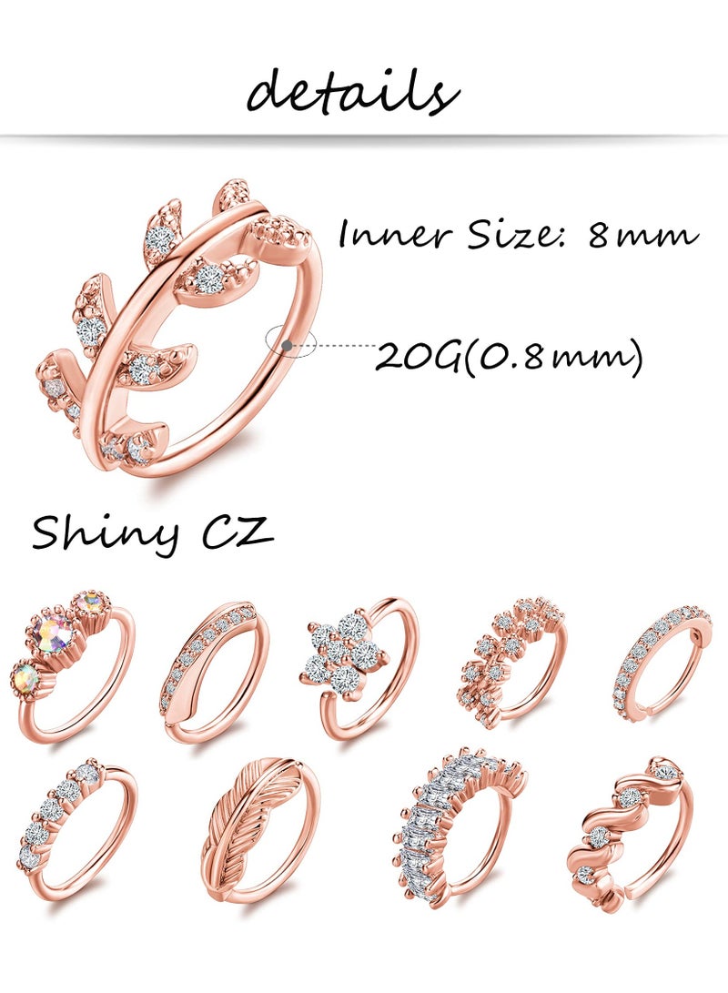 Zikra Nose Ring Hoop, Zircon Nose Ring Jewelry Decoration, Paved Mosaic Feather Cartilage Earrings Pierced 20G Nose Rings for Men and Women 10 Pcs - Image 5