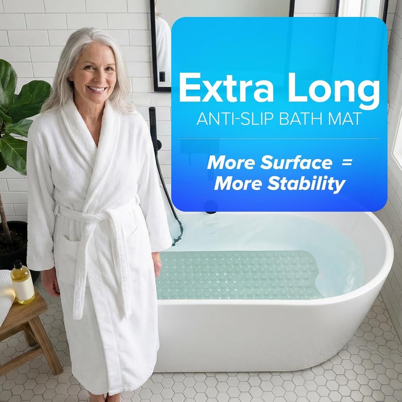 SlipX Solutions Power Grip Extra Long Bath Tub & Shower Mat 39x16, Wet Floor Non-Slip for Elderly & Kids Bathroom, 30% Longer Bathtub Mats, 200 Suction Cups, Drain Holes, Machine Wash, Seafoam - Image 4