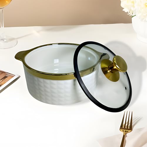 Lemon Tree FO1530 Ceramic Medium 6"/1100 ml Casserole Serving Bowl with Glass Lid | Ideal for Serving Veggies, Salads, Noodles, Rice, Soups | Stylish Design with Golden Rim & Handle (White) - Image 1