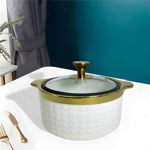 Lemon Tree FO1530 Ceramic Medium 6"/1100 ml Casserole Serving Bowl with Glass Lid | Ideal for Serving Veggies, Salads, Noodles, Rice, Soups | Stylish Design with Golden Rim & Handle (White) - Image 4