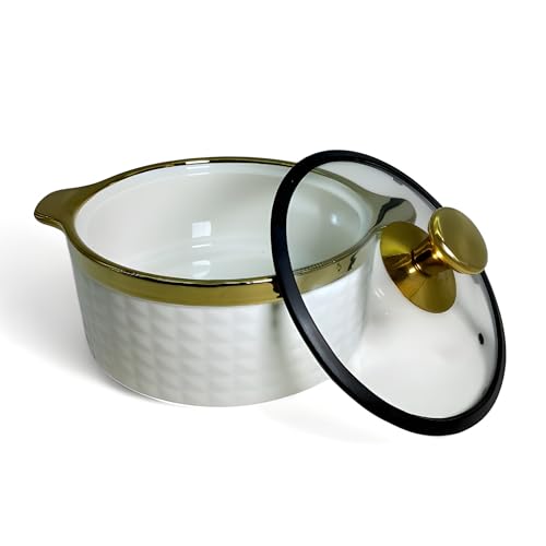 Lemon Tree FO1530 Ceramic Medium 6"/1100 ml Casserole Serving Bowl with Glass Lid | Ideal for Serving Veggies, Salads, Noodles, Rice, Soups | Stylish Design with Golden Rim & Handle (White) - Image 5