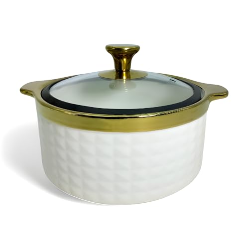 Lemon Tree FO1530 Ceramic Medium 6"/1100 ml Casserole Serving Bowl with Glass Lid | Ideal for Serving Veggies, Salads, Noodles, Rice, Soups | Stylish Design with Golden Rim & Handle (White) - Image 3