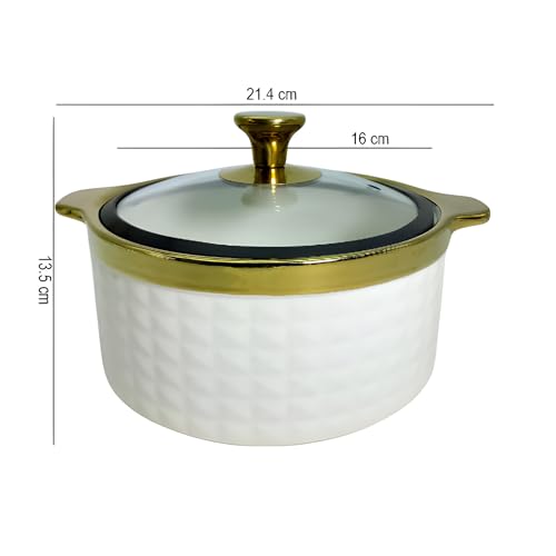 Lemon Tree FO1530 Ceramic Medium 6"/1100 ml Casserole Serving Bowl with Glass Lid | Ideal for Serving Veggies, Salads, Noodles, Rice, Soups | Stylish Design with Golden Rim & Handle (White) - Image 2