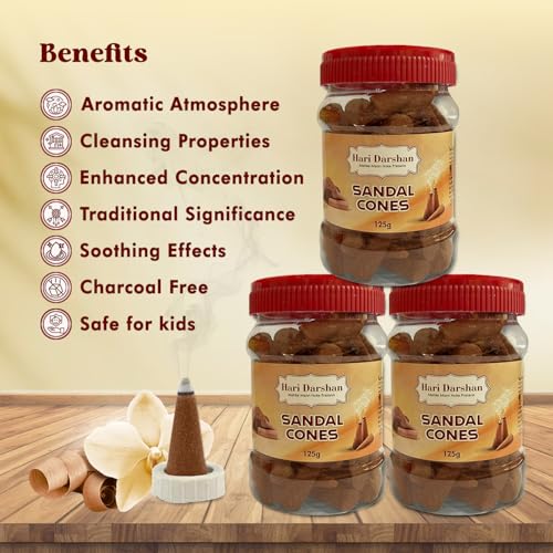 Hari Darshan Sandal Dhoop Cones - Organic Dry Dhoop with Long-Lasting Fragrance for Daily Pooja Meditation & Yoga | Non-Charcoal -Pack of 3 (125g Each) - Image 4