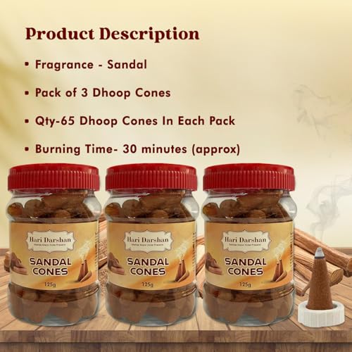 Hari Darshan Sandal Dhoop Cones - Organic Dry Dhoop with Long-Lasting Fragrance for Daily Pooja Meditation & Yoga | Non-Charcoal -Pack of 3 (125g Each) - Image 3