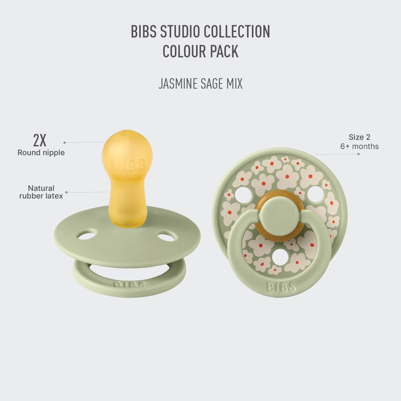 BIBS Pacifiers - Studio 2 Pack | Round Nipple Baby Pacifier | BPA Free Natural Rubber Latex Soother | Made in Denmark | Size 6+ Months | Jasmine Sage - Image 2