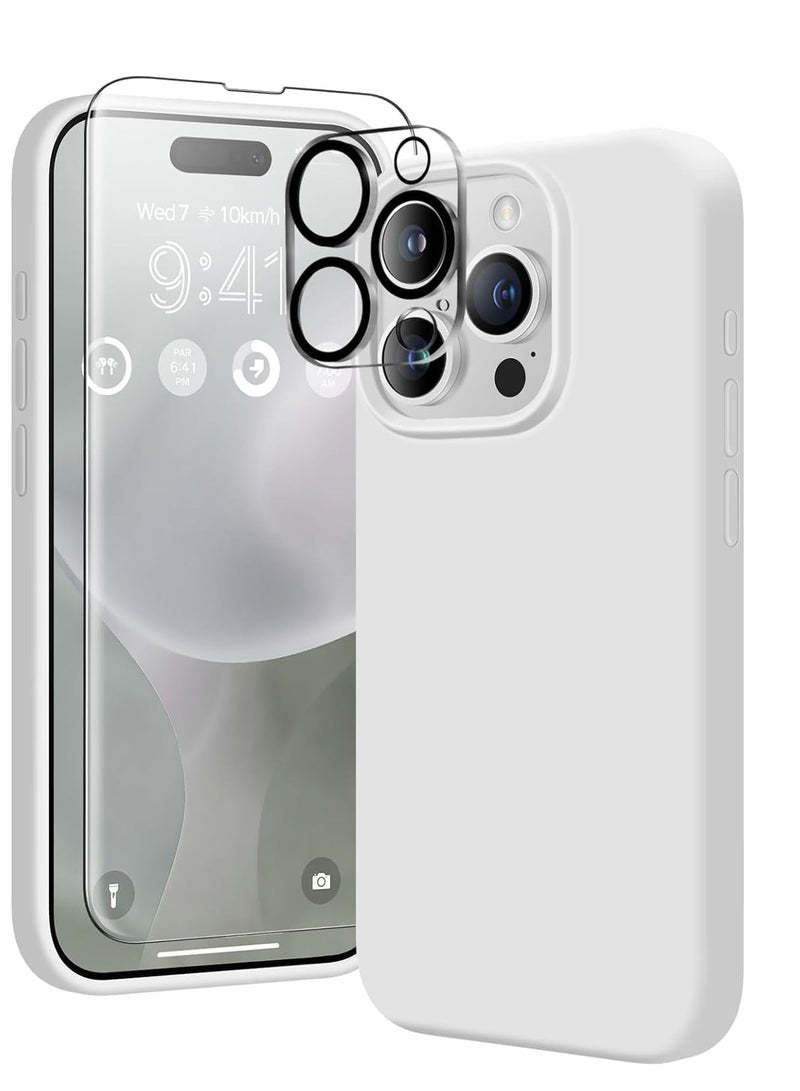 Case Compatible with iPhone 15 Pro, with 3X Screen Protector + 3X Camera Lens Protector, Liquid Silicone Shockproof Anti-Scratch Protective Microfiber Lining Phone Case (White) - Image 1