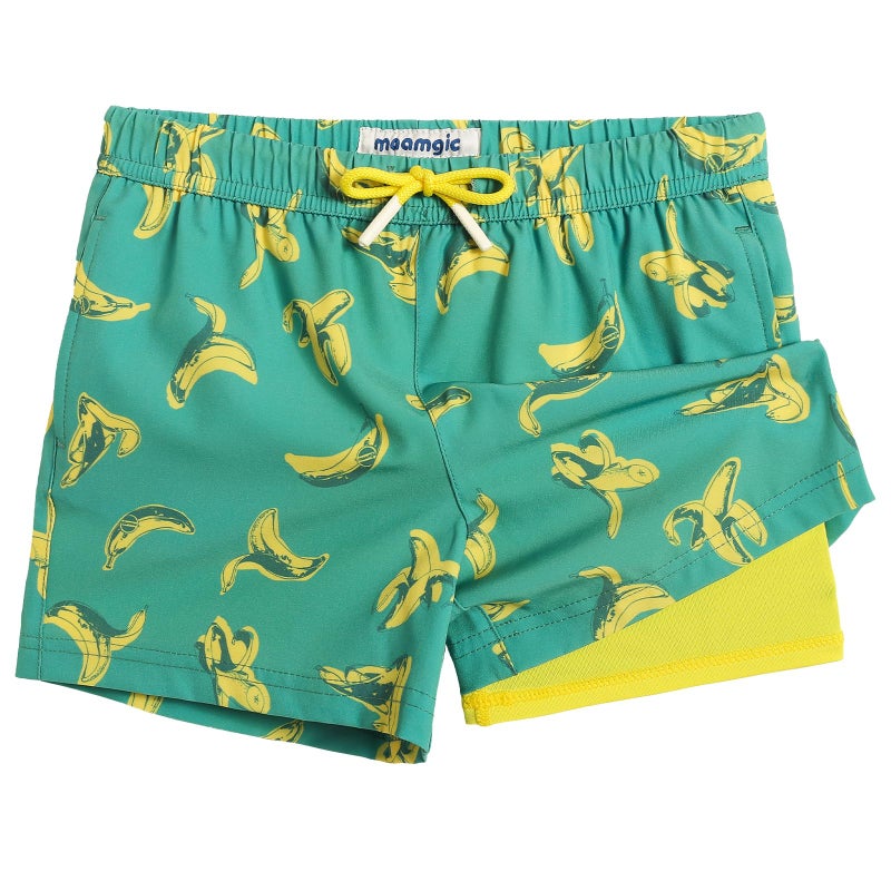 maamgic Boys Swim Trunks with Compression Liner Toddler Stretch Swim Shorts Quick Dry Swimming Trunks Boxer Brief 2 in 1 Beach Shorts Green Banana Eating 14/16 - Image 1