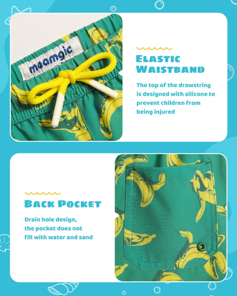 maamgic Boys Swim Trunks with Compression Liner Toddler Stretch Swim Shorts Quick Dry Swimming Trunks Boxer Brief 2 in 1 Beach Shorts Green Banana Eating 14/16 - Image 3