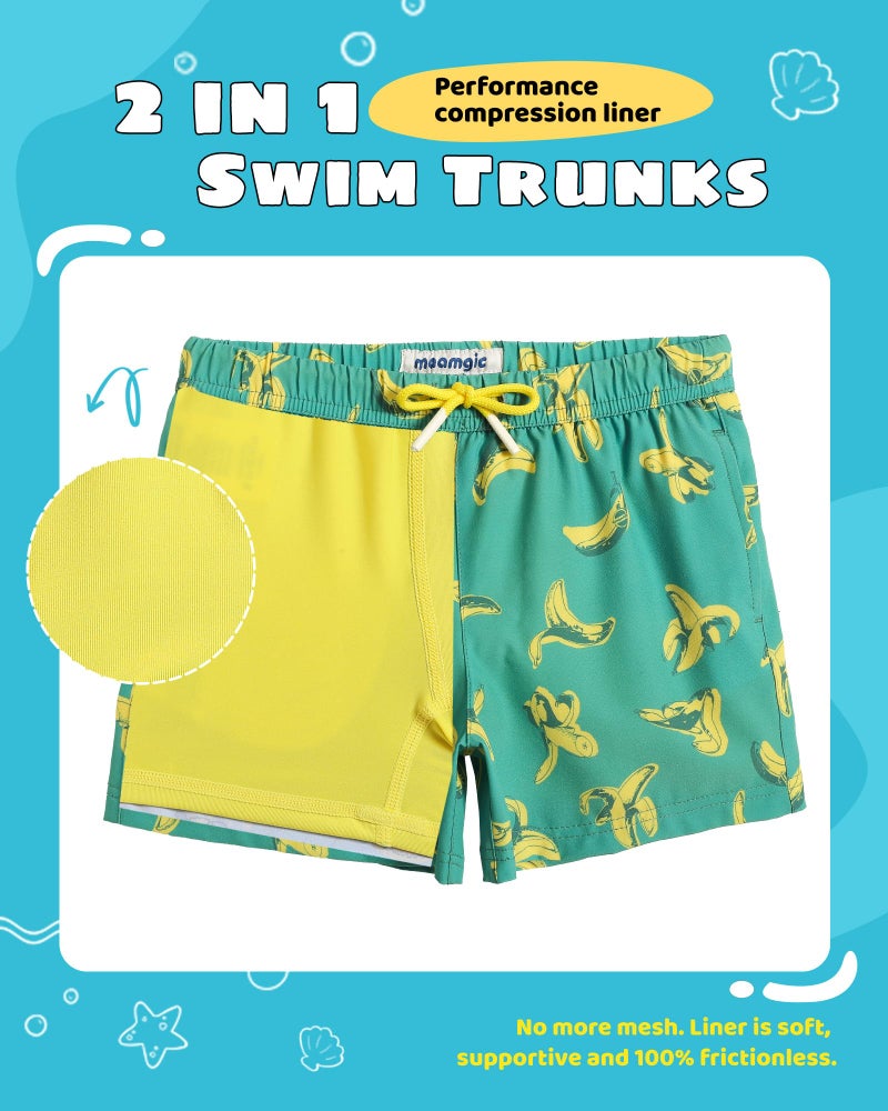 maamgic Boys Swim Trunks with Compression Liner Toddler Stretch Swim Shorts Quick Dry Swimming Trunks Boxer Brief 2 in 1 Beach Shorts Green Banana Eating 14/16 - Image 2