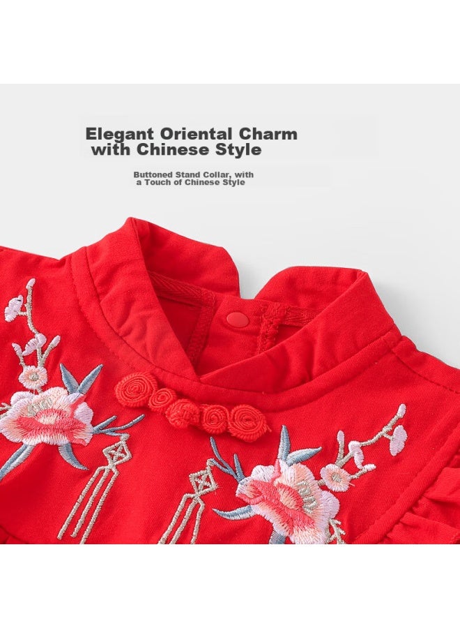 Youqi Youqi Baby Girl's First Birthday Outfit, Infant Spring And Autumn Pure Cotton Onesie, Red Bodysuit, Zhuazhou Hundredth Birthday Party Romper  - Image 4