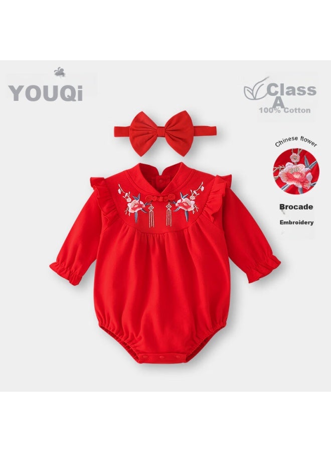 Youqi Youqi Baby Girl's First Birthday Outfit, Infant Spring And Autumn Pure Cotton Onesie, Red Bodysuit, Zhuazhou Hundredth Birthday Party Romper  - Image 2