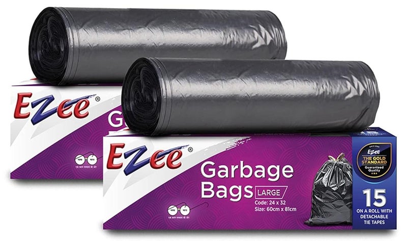 Ezee Garbage Trash Bag for Dustbin | 30 Pieces | Large 24 X 32 Inches I 15 piece x Pack of 2, Disposable plastic, 30 Count, Plastic - Image 1