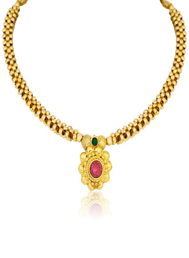 MEENAZ CZ AD Traditional Pearl Gold Pink South Indian Temple Jewellery Maharashtrian Marathi Kolhapuri Saaj Tushi Thushi Mangalsutra Pendant Necklace for Girls Women THUSHI-113