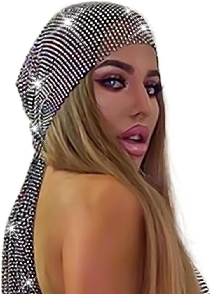 ووي أربطة رأس واسعة من نوع شبكة، بلون أسود مزينة باللمعان والزجاجات الكريستالية، تُستخدم كعباءات للرأس أو وشاحات للحفلات الليلية والأعياد؛ مجوهرات لامعة للنساء والفتيات (لون أسود). - Image 1