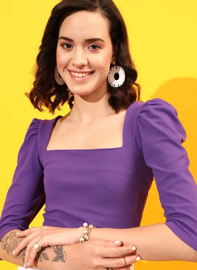 STREET 9 بلوزة نسائية بأكمام منفوشة وياقة مربعة بلون بنفسجي