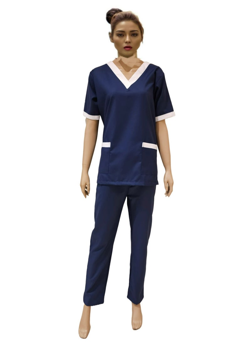 Rannah's Uniform V-Neck Scrub Suit for Nurses and Housekeepers, Short Sleeve with White Piping - Image 1