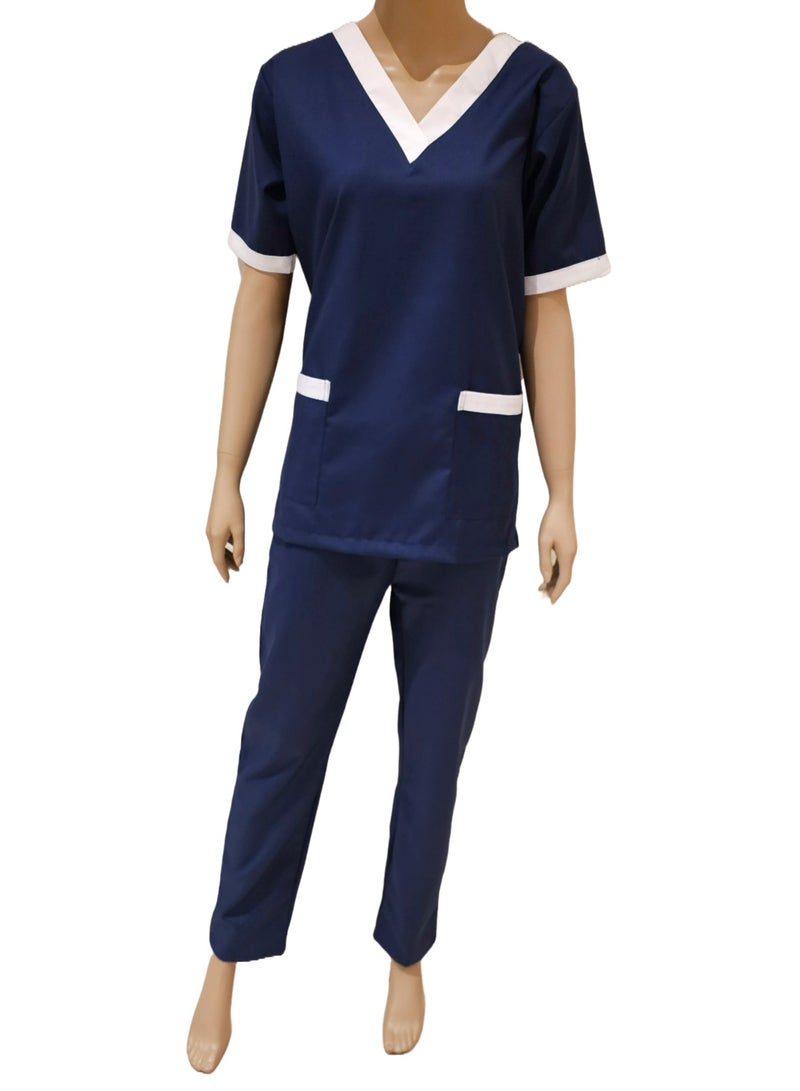 Rannah's Uniform V-Neck Scrub Suit for Nurses and Housekeepers, Short Sleeve with White Piping - Image 4