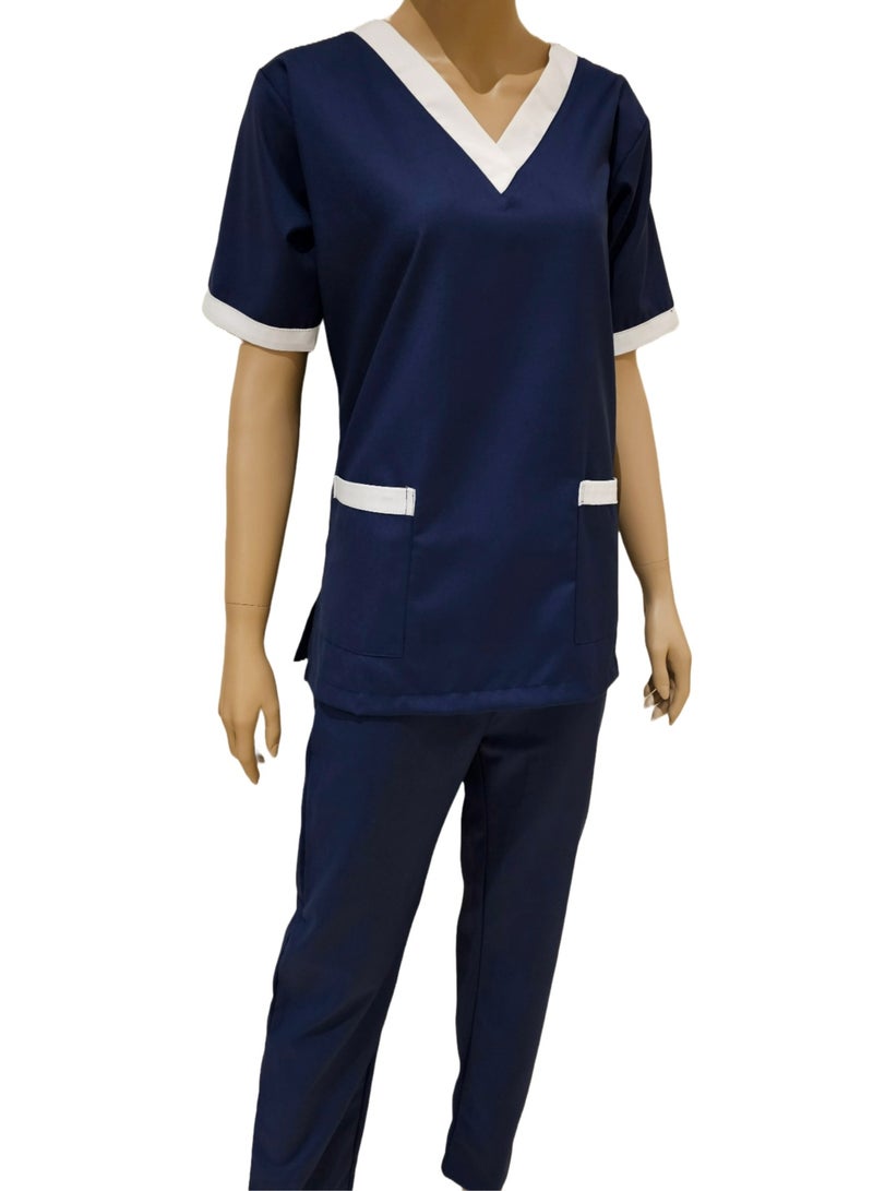 Rannah's Uniform V-Neck Scrub Suit for Nurses and Housekeepers, Short Sleeve with White Piping - Image 2