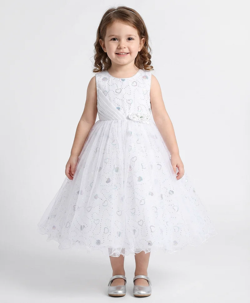 babyhug Babyhug Woven Sleeveless Party Frock Sequinned With Floral Applique - White