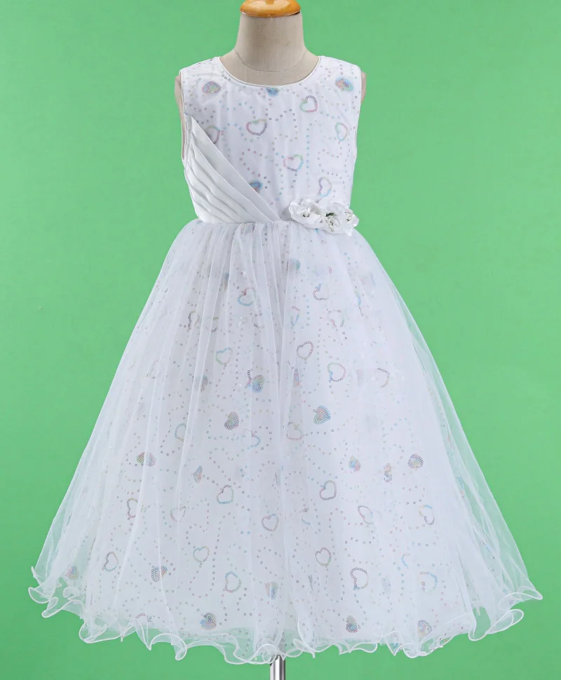 babyhug Babyhug Woven Sleeveless Party Frock Sequinned With Floral Applique - White