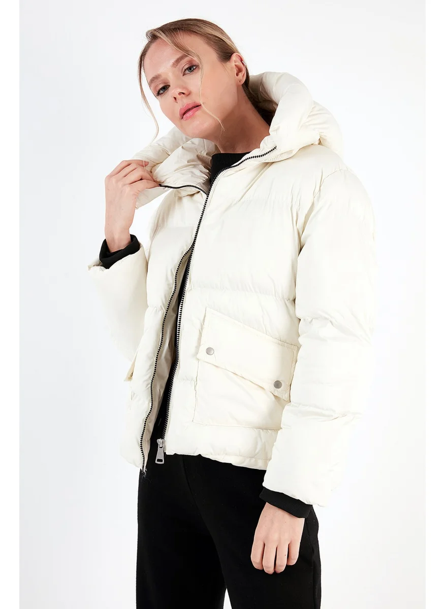 Lela Zipper Detailed Hooded Puffer Coat Women's Coat 497PEARL