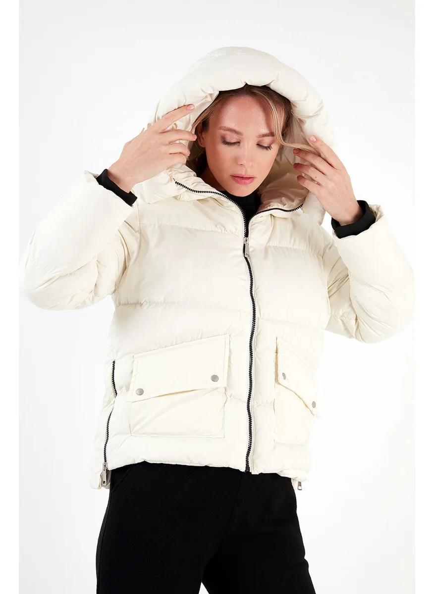 Lela Zipper Detailed Hooded Puffer Coat Women's Coat 497PEARL