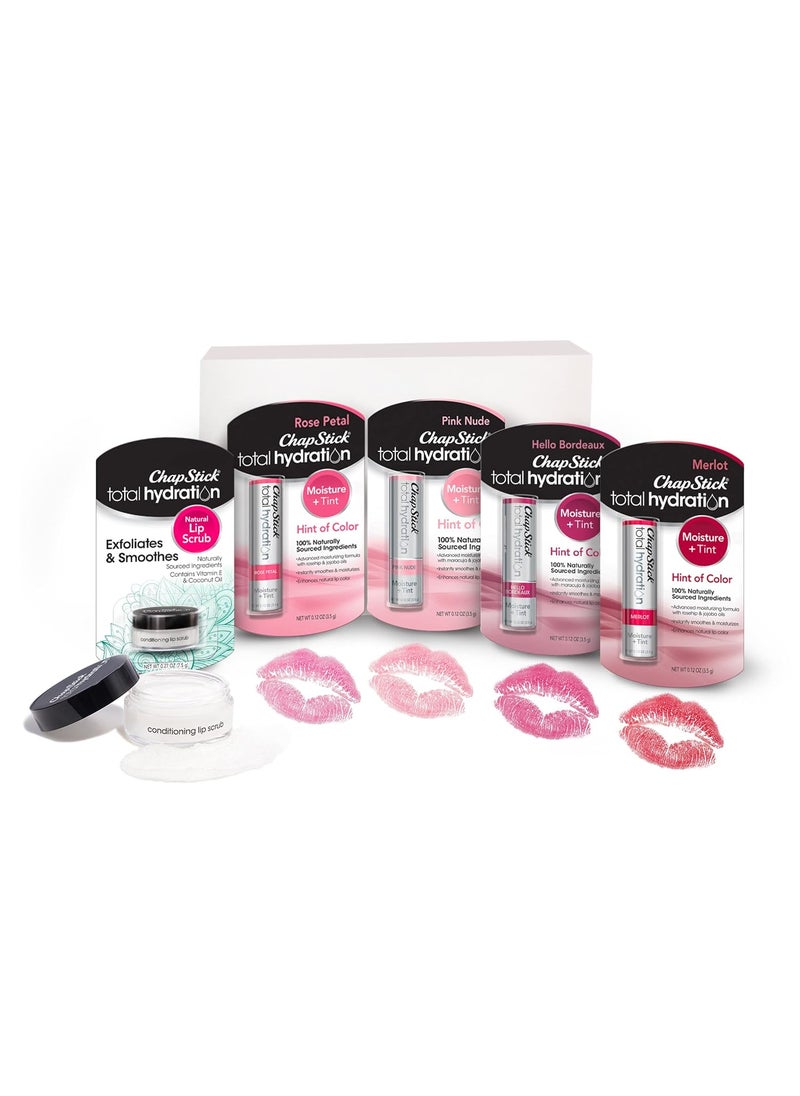 chapstick - ChapStick Total Hydration Tinted Lip Balm Tubes and Lip Scrub Regimen Pack, Tinted Lip Moisturizer and Exfoliator - 0.12 Oz Lip Balm (4 Count) and 0.27 Oz Lip Scrub - Image 1