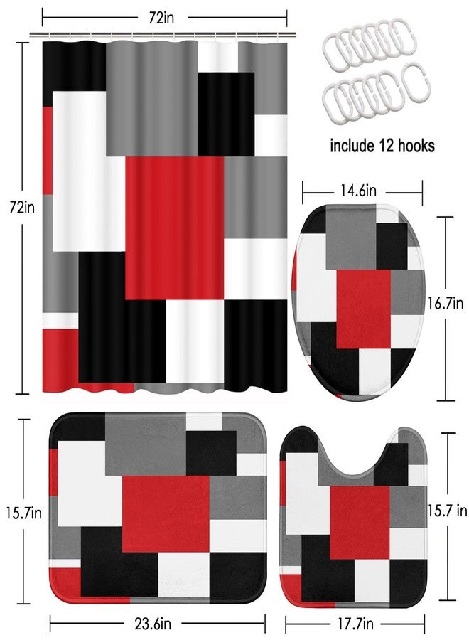 ArtSocket Geometric Red Bathroom Set with Shower Curtain and Rugs Accessories, Black and Gray Modern Shower Curtain, Red Bathroom Decor 4 Pcs - Image 2