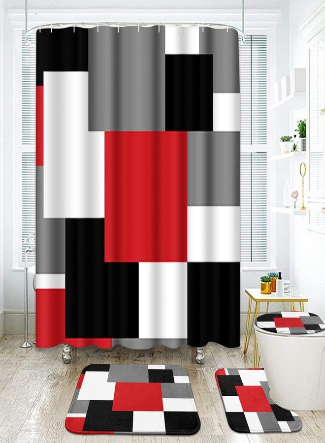ArtSocket Geometric Red Bathroom Set with Shower Curtain and Rugs Accessories, Black and Gray Modern Shower Curtain, Red Bathroom Decor 4 Pcs - Image 1
