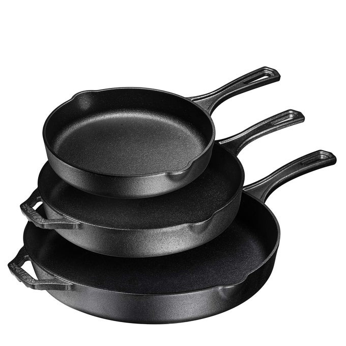 8 10 AND 12 INCH PRESEASONED FRYING PAN SET OF 3 OVEN SAFE SKILLET GRILL PAN SET NONSTICK COOKWARE WITH SIDE DRIP LIPS BLACK
