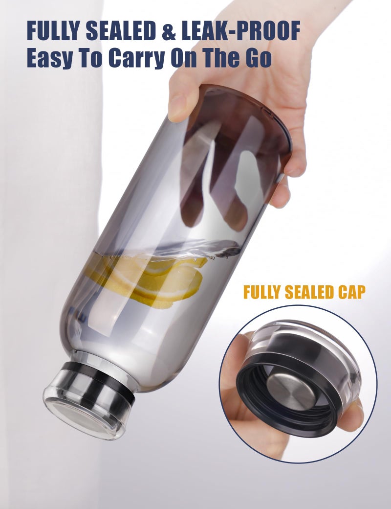 NiHome Glass Water Bottle 25oz/750ml with Two Caps, Stainless-Steel Straw, Brush and Silicone Cover, High Borosilicate Glass for Hot & Cold Beverages, Leak-Proof for Travel, Gym, Office (Smoky Gray) - Image 2