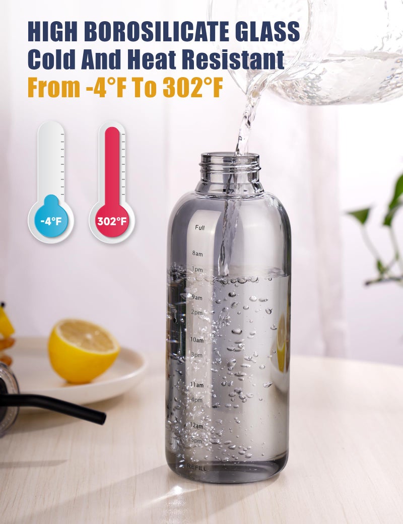 NiHome Glass Water Bottle 25oz/750ml with Two Caps, Stainless-Steel Straw, Brush and Silicone Cover, High Borosilicate Glass for Hot & Cold Beverages, Leak-Proof for Travel, Gym, Office (Smoky Gray) - Image 4