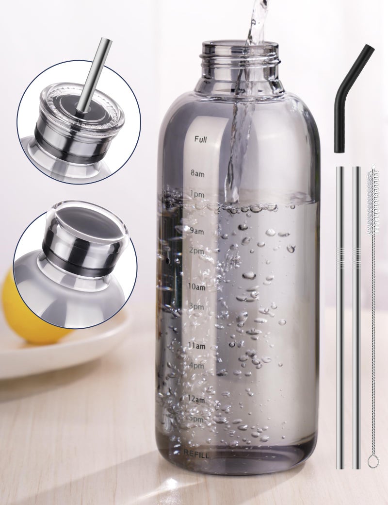 NiHome Glass Water Bottle 25oz/750ml with Two Caps, Stainless-Steel Straw, Brush and Silicone Cover, High Borosilicate Glass for Hot & Cold Beverages, Leak-Proof for Travel, Gym, Office (Smoky Gray) - Image 1
