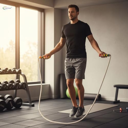 Neotea Cotton Skipping Rope with Wooden Handles | Heavy Jump Rope for Kids & Adults | Fitness, Workout & Weight Loss Exercise Rope | Durable Gym Training Skipping Rope | Multi-Color | Pack of 1 - Image 2