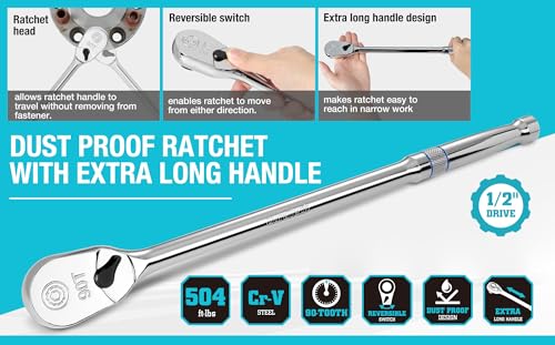 DURATECH Extra Long Handle 1/2-Inch Drive Ratchet, 90-Tooth Ratchet Wrench with 15" Handle and Dust Proof Teardrop Enclosed Head, Reversible, CR-V Steel Made, CR-MO Head, Full Polished, Gifts for Men - Image 3