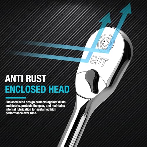 DURATECH Extra Long Handle 1/2-Inch Drive Ratchet, 90-Tooth Ratchet Wrench with 15" Handle and Dust Proof Teardrop Enclosed Head, Reversible, CR-V Steel Made, CR-MO Head, Full Polished, Gifts for Men - Image 4