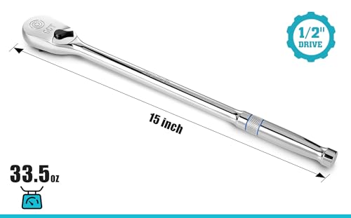 DURATECH Extra Long Handle 1/2-Inch Drive Ratchet, 90-Tooth Ratchet Wrench with 15" Handle and Dust Proof Teardrop Enclosed Head, Reversible, CR-V Steel Made, CR-MO Head, Full Polished, Gifts for Men - Image 2
