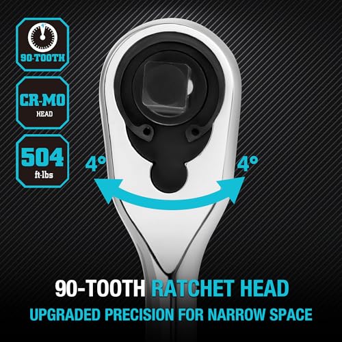 DURATECH Extra Long Handle 1/2-Inch Drive Ratchet, 90-Tooth Ratchet Wrench with 15" Handle and Dust Proof Teardrop Enclosed Head, Reversible, CR-V Steel Made, CR-MO Head, Full Polished, Gifts for Men - Image 5
