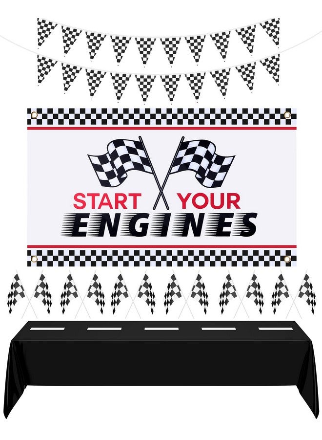 Remagr 15 Pcs Race Car Party Supplies, Include Racing Car Theme Backdrop, Racetrack Tablecloth, Checkered Racing Pennant Banner, 12 Black White Checkered Flags for Kids Racing Theme Birthday Party Decoration - Image 1