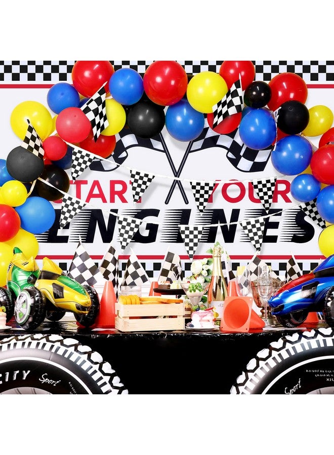 Remagr 15 Pcs Race Car Party Supplies, Include Racing Car Theme Backdrop, Racetrack Tablecloth, Checkered Racing Pennant Banner, 12 Black White Checkered Flags for Kids Racing Theme Birthday Party Decoration - Image 5