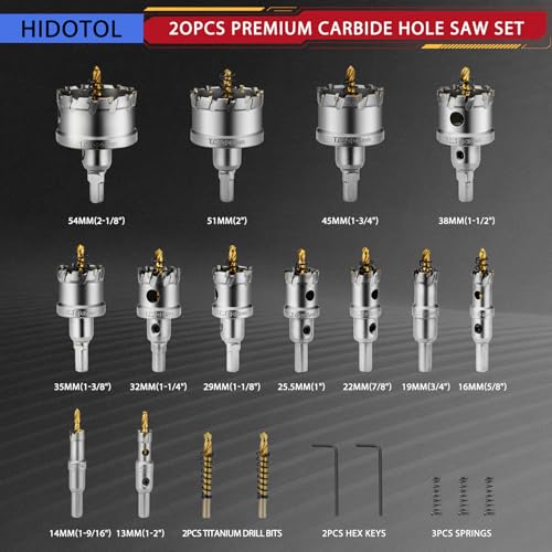 HIDOTOL 20PC TCT Carbide Hole Saw Kit 1/2" - 2-1/8" Tungsten Carbide Drill Bits Set with Titanium Pilot & L-Wrench, for Hard Metal Stainless Steel, Iron, Aluminum with Aluminium Case. - Image 5
