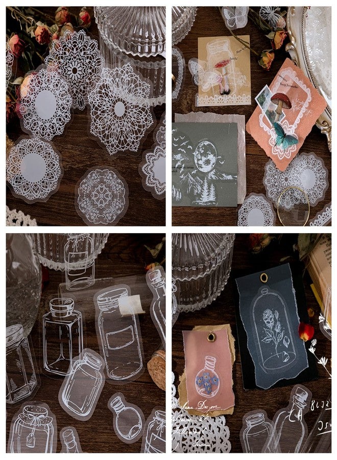 BENOSPACE 90 Pcs Transparent Lace Stickers,PET Vintage Decorative DIY Decals White Retro Aesthetic Journaling Crafts Supplies for Handmade Scrapbooking Planner Album Diary Photo Frames Notebook - Image 5