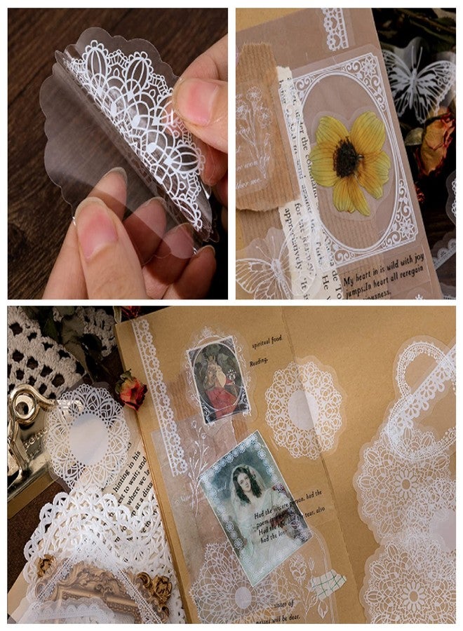 BENOSPACE 90 Pcs Transparent Lace Stickers,PET Vintage Decorative DIY Decals White Retro Aesthetic Journaling Crafts Supplies for Handmade Scrapbooking Planner Album Diary Photo Frames Notebook - Image 3