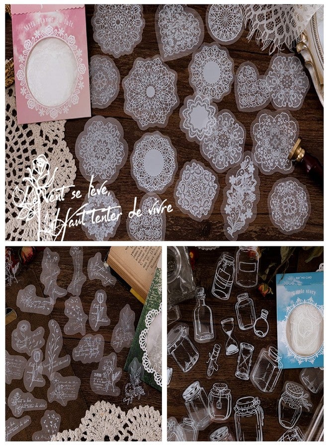BENOSPACE 90 Pcs Transparent Lace Stickers,PET Vintage Decorative DIY Decals White Retro Aesthetic Journaling Crafts Supplies for Handmade Scrapbooking Planner Album Diary Photo Frames Notebook - Image 4