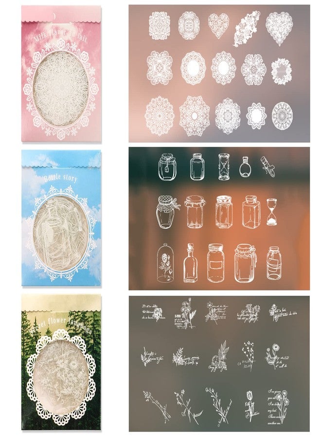 BENOSPACE 90 Pcs Transparent Lace Stickers,PET Vintage Decorative DIY Decals White Retro Aesthetic Journaling Crafts Supplies for Handmade Scrapbooking Planner Album Diary Photo Frames Notebook - Image 2